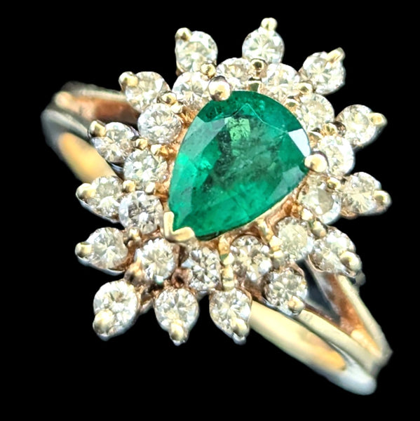 Vintage Pear Cut Emerald Diamonds 14k Yellow Gold Halo Cluster Ring Estate Gift