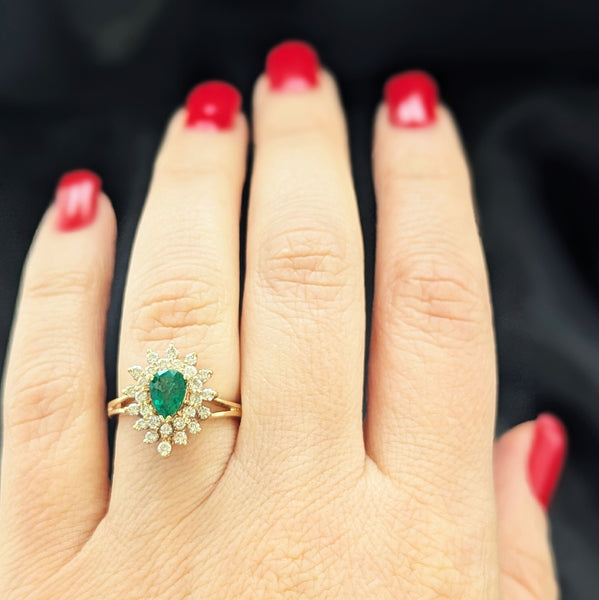 Vintage Pear Cut Emerald Diamonds 14k Yellow Gold Halo Cluster Ring Estate Gift on hand
