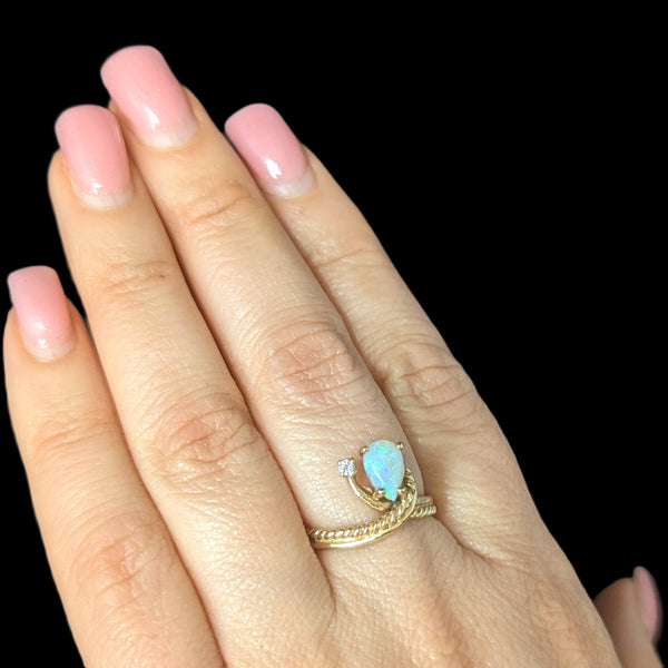 Vintage Pear Cut Opal Diamond 14k Yellow Gold Statement Ring Estate Jewelry 