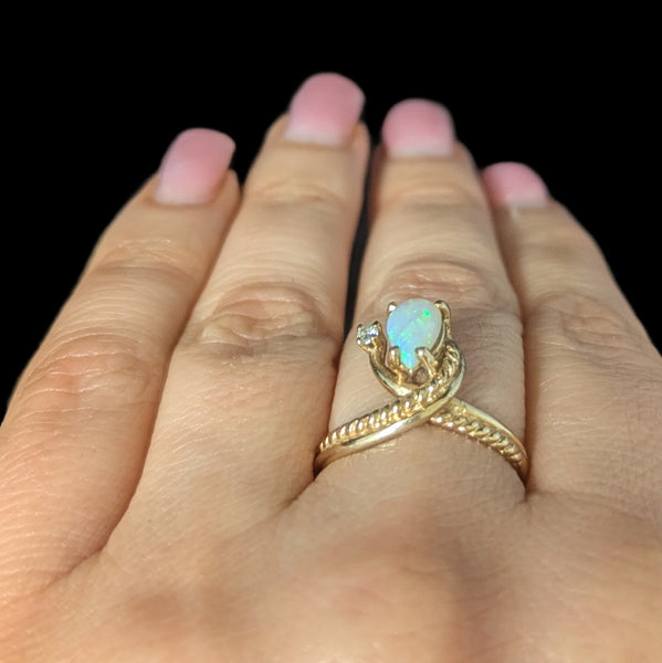 Vintage Pear Cut Opal Diamond 14k Yellow Gold Statement Ring Estate Jewelry 