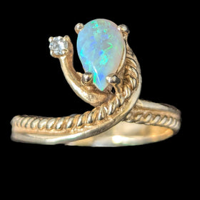 Vintage Pear Cut Opal Diamond 14k Yellow Gold Statement Ring Estate Jewelry 