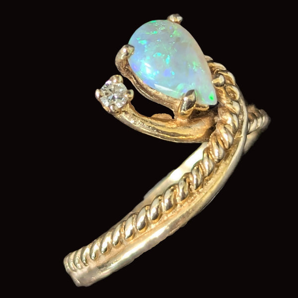 Vintage Pear Cut Opal Diamond 14k Yellow Gold Statement Ring Estate Jewelry 