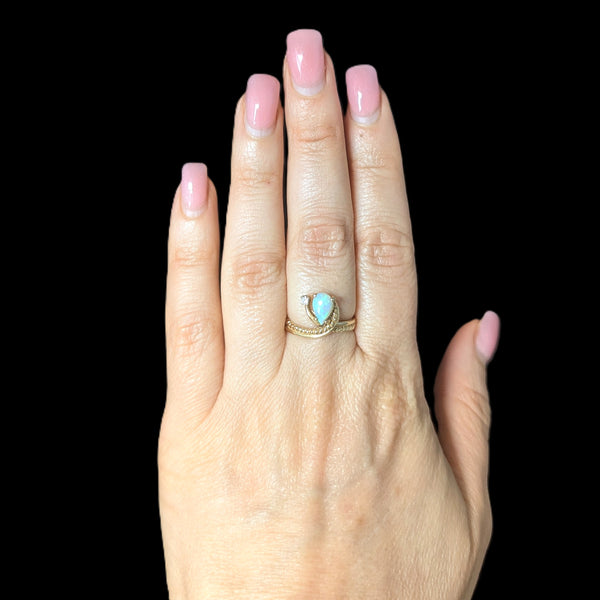 Vintage Pear Cut Opal Diamond 14k Yellow Gold Statement Ring Estate Jewelry 