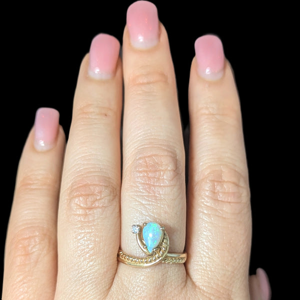Vintage Pear Cut Opal Diamond 14k Yellow Gold Statement Ring Estate Jewelry 