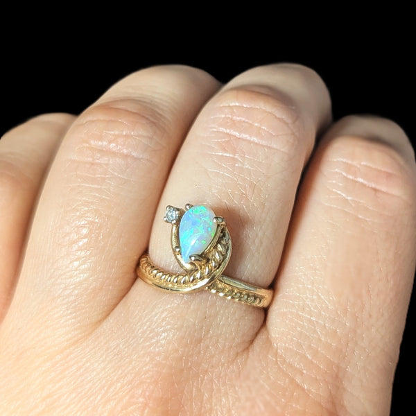 Vintage Pear Cut Opal Diamond 14k Yellow Gold Statement Ring Estate Jewelry 