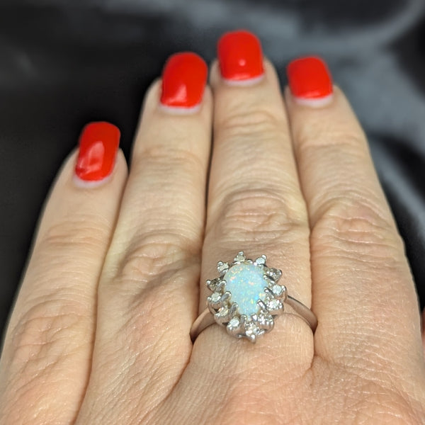 Vintage Pear Cut Opal Diamonds 14k White Gold Ring Halo Engagement or Fashion