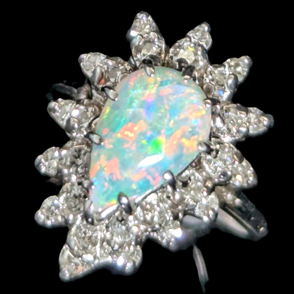 Vintage Pear Cut Opal Diamonds 14k White Gold Ring Halo Fashion or Engagement