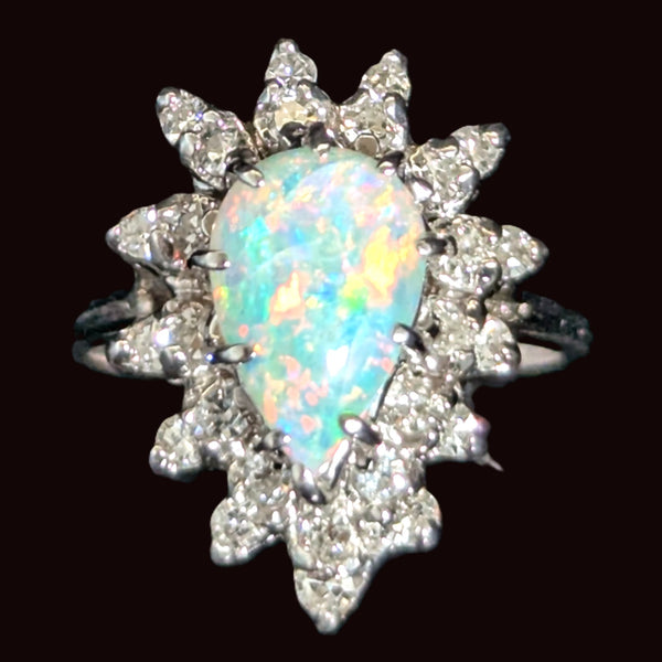 Vintage Pear Cut Opal Diamonds 14k White Gold Ring Halo Fashion or Engagement