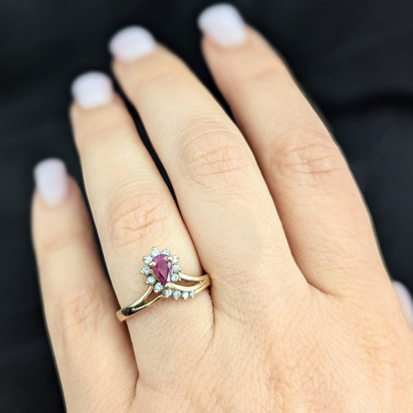 Vintage Pear Cut Ruby Diamonds 14k Yellow Gold Ring Statement Estate Jewelry