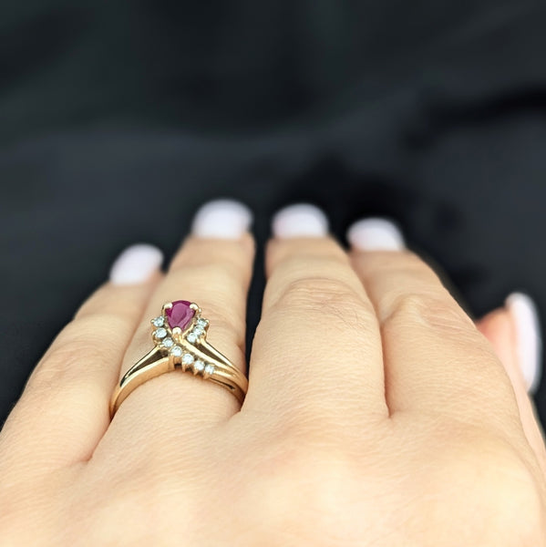 Vintage Pear Cut Ruby Diamonds 14k Yellow Gold Ring Statement Estate Jewelry