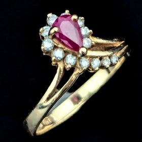 Vintage Pear Cut Ruby Diamonds 14k Yellow Gold Ring Statement Estate Jewelry