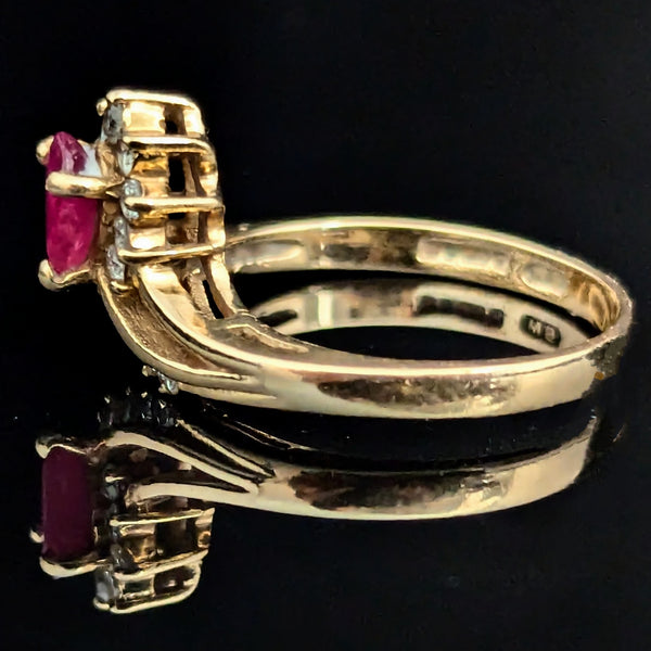 Vintage Pear Cut Ruby Diamonds 14k Yellow Gold Ring Statement Estate Jewelry