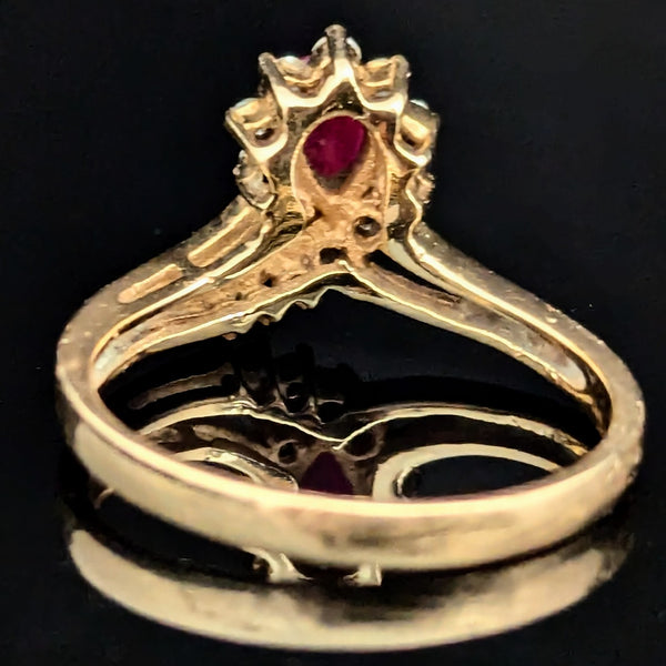 Vintage Pear Cut Ruby Diamonds 14k Yellow Gold Ring Statement Estate Jewelry