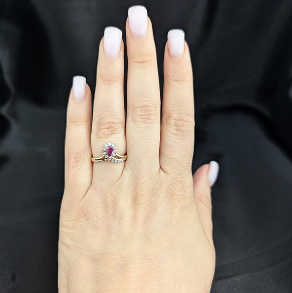 Vintage Pear Cut Ruby Diamonds 14k Yellow Gold Ring Statement Estate Jewelry