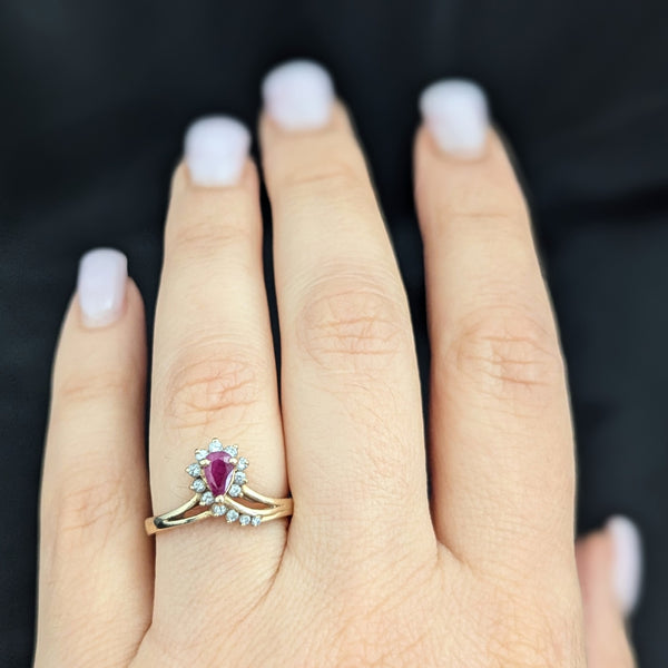 Vintage Pear Cut Ruby Diamonds 14k Yellow Gold Ring Statement Estate Jewelry