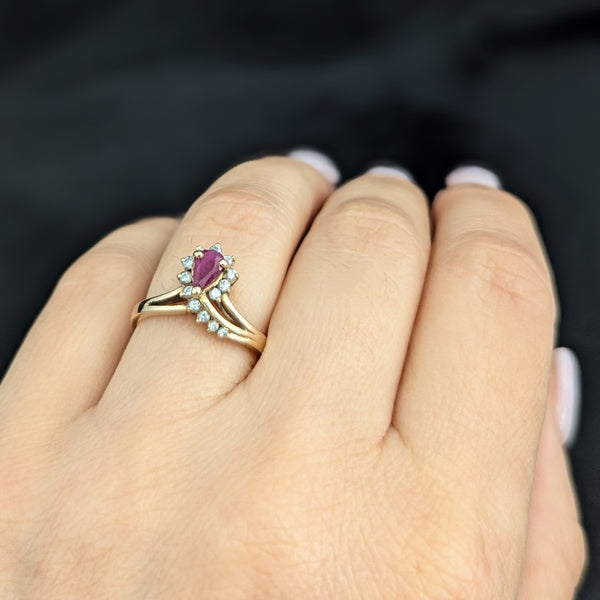 Vintage Pear Cut Ruby Diamonds 14k Yellow Gold Ring Statement Estate Jewelry