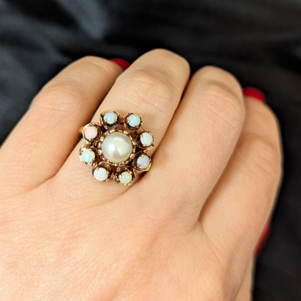Vintage Pearl Opal 14k Yellow Gold Cocktail Halo Ring Estate Jewelry Retro Gift