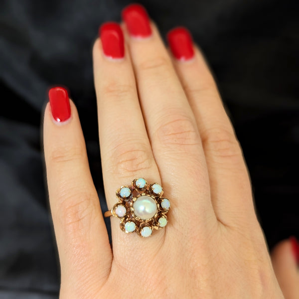 Vintage Pearl Opal 14k Yellow Gold Cocktail Halo Ring Estate Jewelry Retro Gift