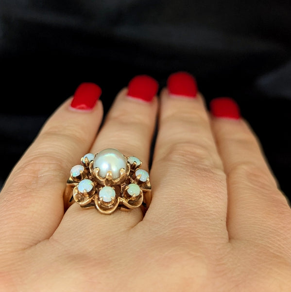 Vintage Pearl Opal 14k Yellow Gold Cocktail Halo Ring Estate Jewelry Retro Gift