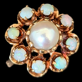 Vintage Pearl Opal 14k Yellow Gold Cocktail Halo Ring Estate Jewelry Retro Gift