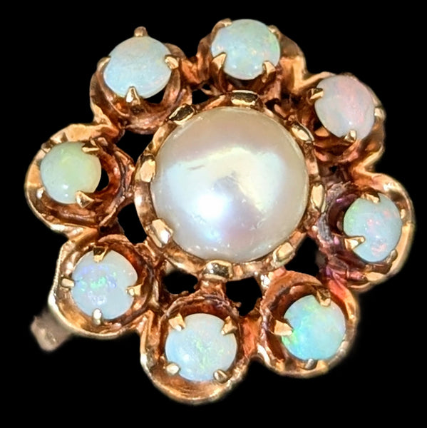 Vintage Pearl Opal 14k Yellow Gold Cocktail Halo Ring Estate Jewelry Retro Gift