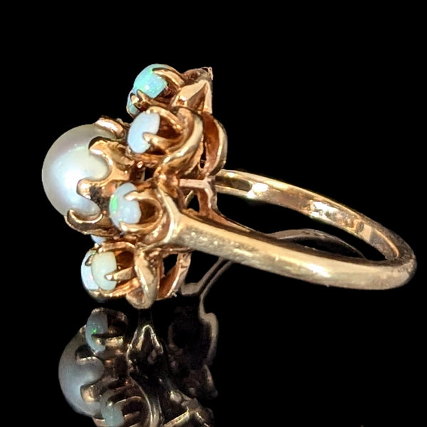 Vintage Pearl Opal 14k Yellow Gold Cocktail Halo Ring Estate Jewelry Retro Gift