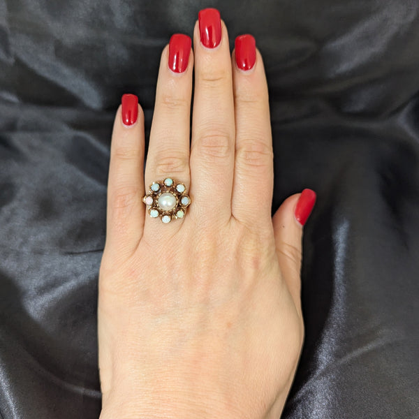 Vintage Pearl Opal 14k Yellow Gold Cocktail Halo Ring Estate Jewelry Retro Gift
