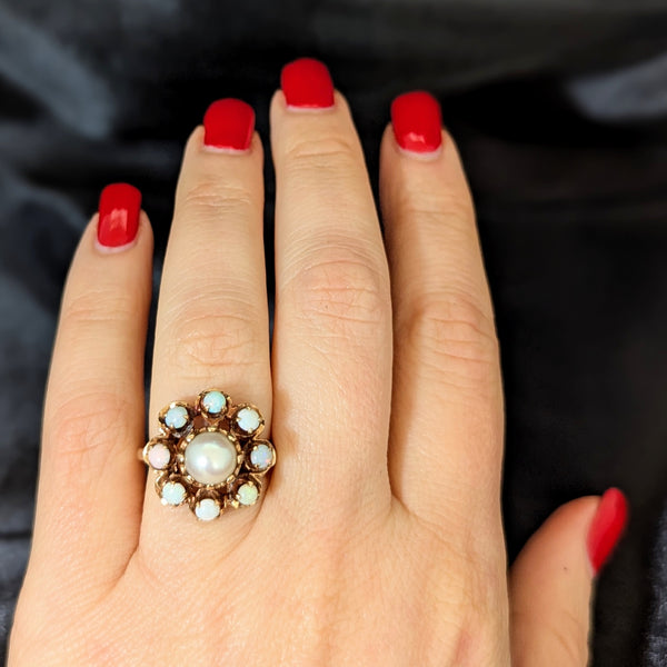 Vintage Pearl Opal 14k Yellow Gold Cocktail Halo Ring Estate Jewelry Retro Gift