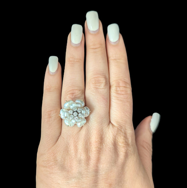 Vintage Pearls Diamonds 14k Yellow Gold Cocktail Rose Ring Flower Estate Retro