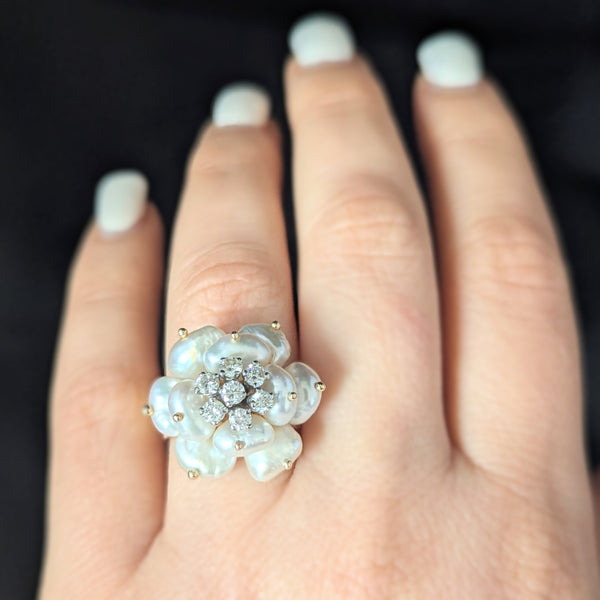 Vintage Pearls Diamonds 14k Yellow Gold Cocktail Rose Ring Flower Estate Retro