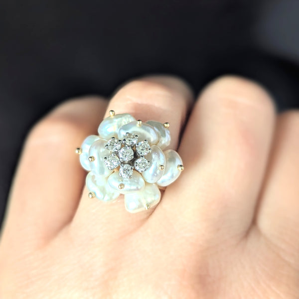 Vintage Pearls Diamonds 14k Yellow Gold Cocktail Rose Ring Flower Estate Retro