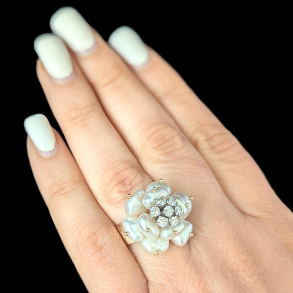 Vintage Pearls Diamonds 14k Yellow Gold Cocktail Rose Ring Flower Estate Retro
