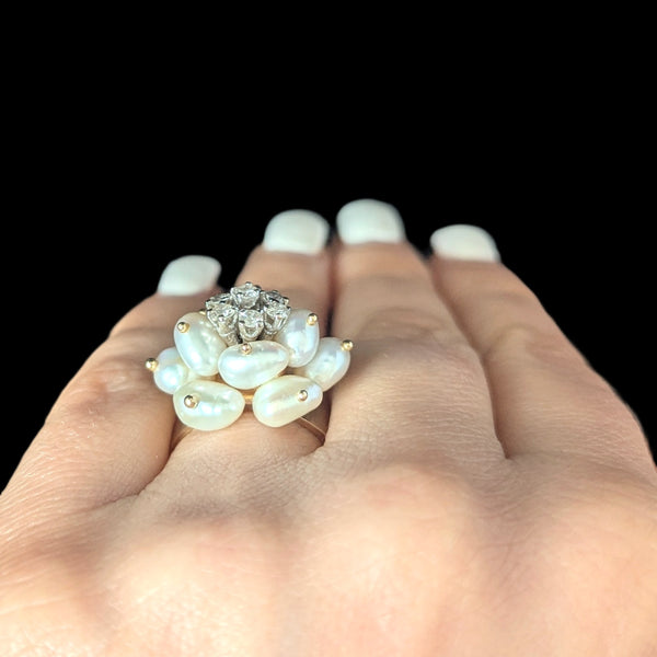 Vintage Pearls Diamonds 14k Yellow Gold Cocktail Rose Ring Flower Estate Retro