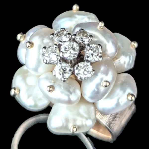 Vintage Pearls Diamonds 14k Yellow Gold Cocktail Rose Ring Flower Estate Retro