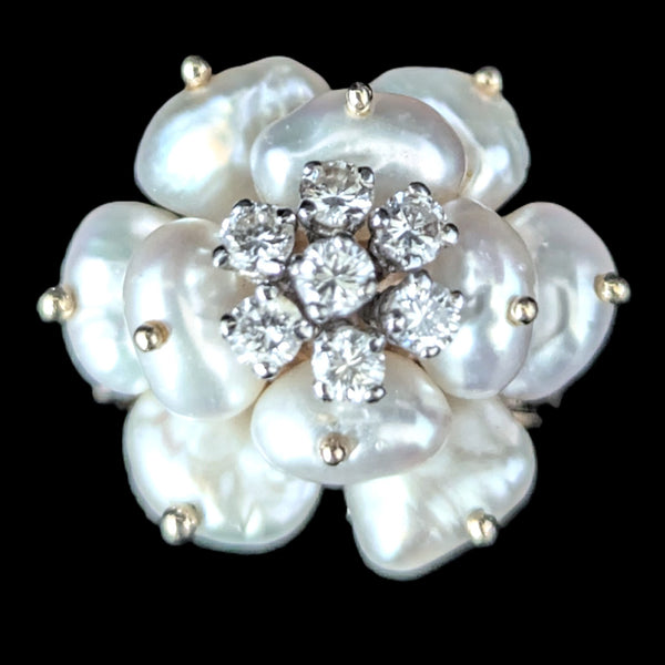 Vintage Pearls Diamonds 14k Yellow Gold Cocktail Rose Ring Flower Estate Retro