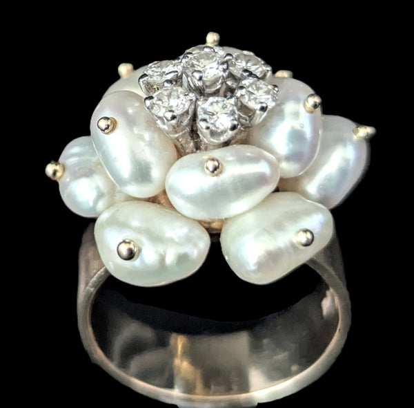 Vintage Pearls Diamonds 14k Yellow Gold Cocktail Rose Ring Flower Estate Retro