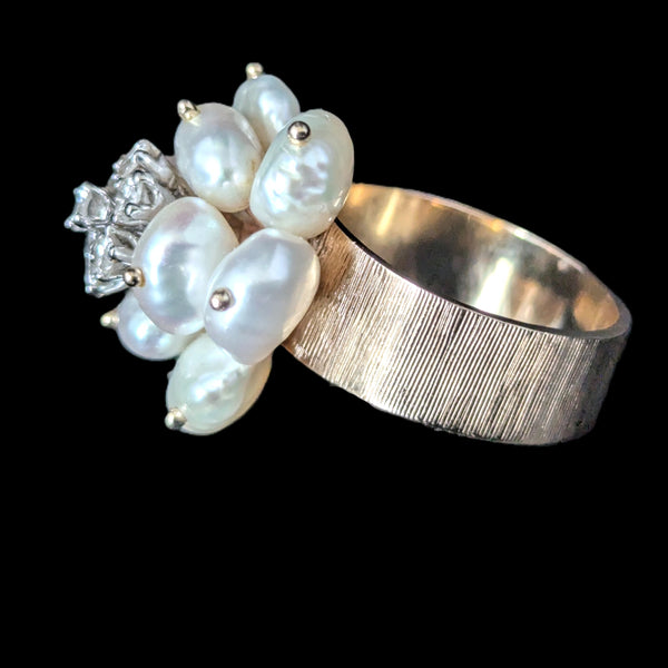 Vintage Pearls Diamonds 14k Yellow Gold Cocktail Rose Ring Flower Estate Retro
