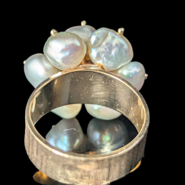 Vintage Pearls Diamonds 14k Yellow Gold Cocktail Rose Ring Flower Estate Retro