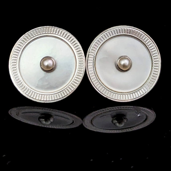 Vintage Pearls Mother or Pearl MOP 14k Yellow White Gold Cufflink Earrings Posts