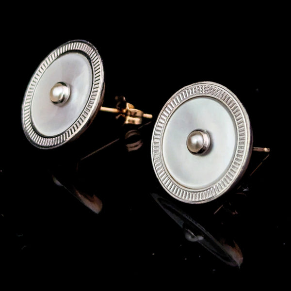 Vintage Pearls Mother or Pearl MOP 14k Yellow White Gold Cufflink Earrings Posts