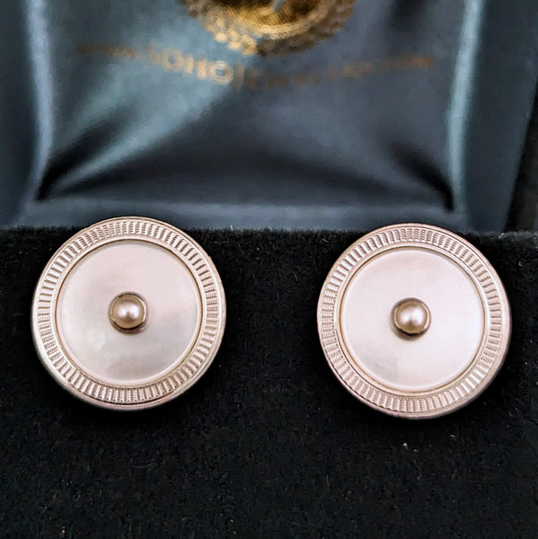 Vintage Pearls Mother or Pearl MOP 14k Yellow White Gold Cufflink Earrings Posts