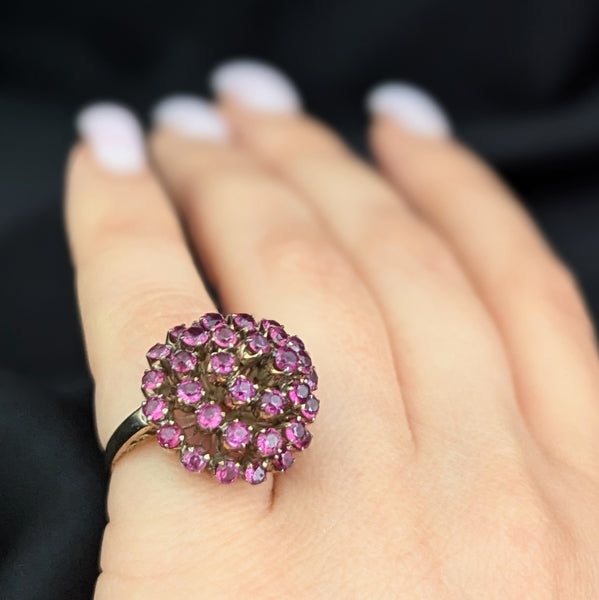 Vintage Pink Fuschia Sapphires 10k Yellow Gold Cocktail Harem Cluster Ring Estate 