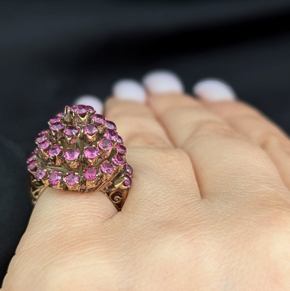 Vintage Pink Fuschia Sapphires 10k Yellow Gold Cocktail Harem Cluster Ring Estate 