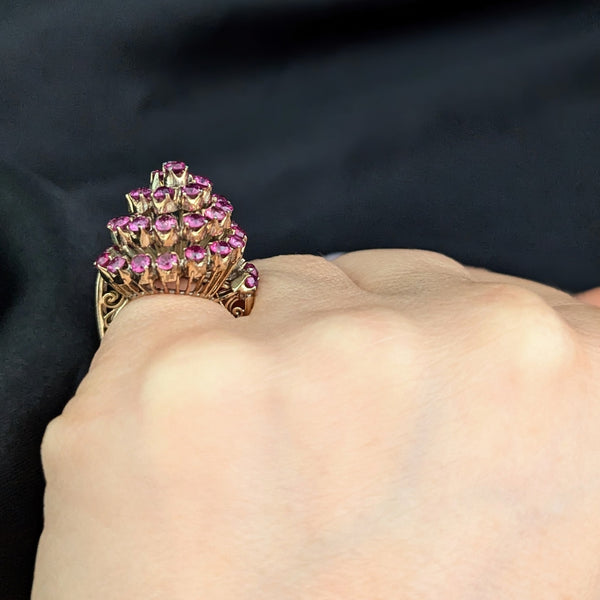 Vintage Pink Fuschia Sapphires 10k Yellow Gold Cocktail Harem Cluster Ring Estate 