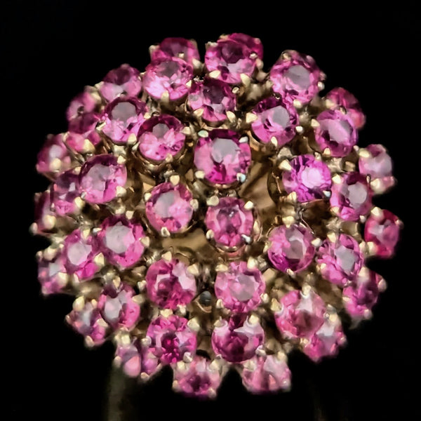 Vintage Pink Fuschia Sapphires 10k Yellow Gold Cocktail Harem Cluster Ring Estate 