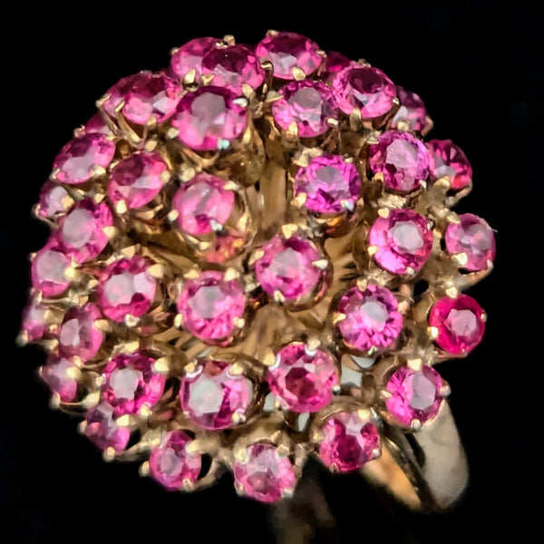 Vintage Pink Fuschia Sapphires 10k Yellow Gold Cocktail Harem Cluster Ring Estate 