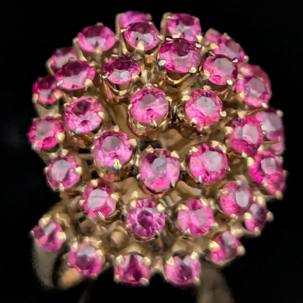 Vintage Pink Fuschia Sapphires 10k Yellow Gold Cocktail Harem Cluster Ring Estate 