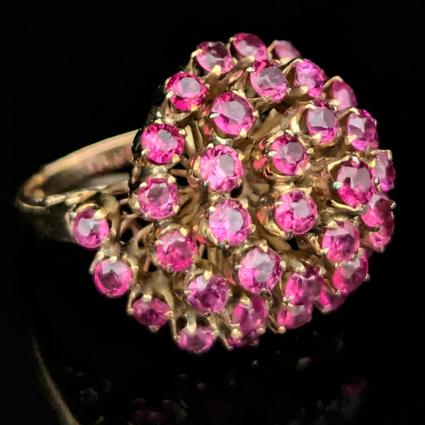 Vintage Pink Fuschia Sapphires 10k Yellow Gold Cocktail Harem Cluster Ring Estate 