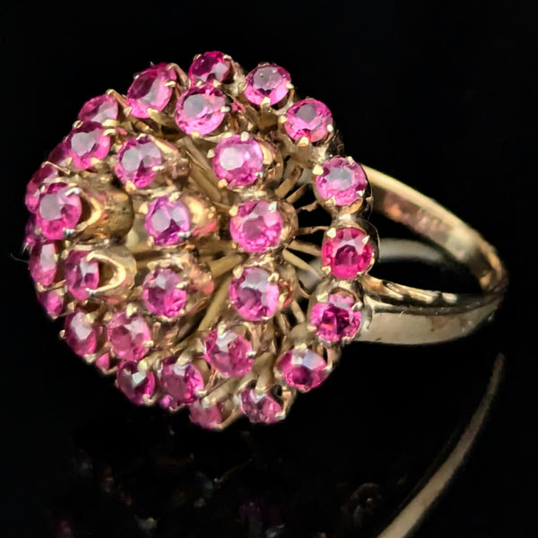 Vintage Pink Fuschia Sapphires 10k Yellow Gold Cocktail Harem Cluster Ring Estate 