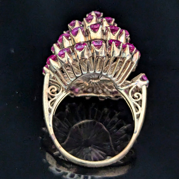 Vintage Pink Fuschia Sapphires 10k Yellow Gold Cocktail Harem Cluster Ring Estate 